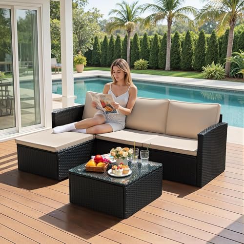 Devoko Patio Sofa,Outdoor Furniture Set 4 Pieces,Wicker Sectional Couch with Glass Desktop and 75.9in Wide Backrest for Backyard, Deck,Porch & Poolside(Black)