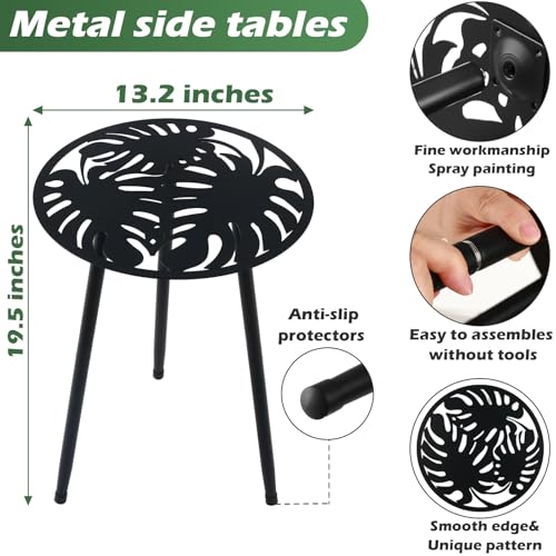 Metal Outdoor Side Tables Set of Two Small Outside Round End Table for Patio Modern Accent Garden Corner Table for Small Spaces, Balcony, Porch, Weather-Resistant, Plant Stand Indoor, Black