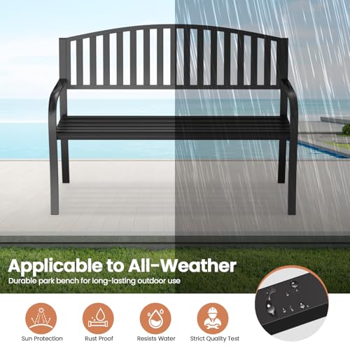 Granper Garden Bench, 50" Outdoor Bench, 660LBS Wrought Iron Porch Bench, Patio Bench with Armrests for Garden Lawn or Yard, Black