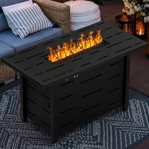 43 Inch Propane Fire Pit Table for Patio & Backyard, 50,000 BTU Steel Gas Fire Pit with Lid & Lava Rocks, Outdoor Table Heater for Deck, Garden, Smokeless Flame