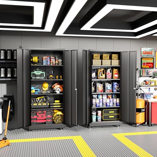Greenvelly Metal Garage Storage Cabinet with 4 Swivel Wheels, 73” Black Storage Cabinet on Wheels, Rolling Tool Cabinet with Locking Doors and Shelves for Garage, Basement, Home, Warehouse