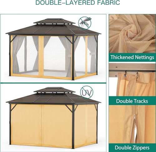 10'X13' Hardtop Gazebo, Galvanized Steel Aluminum Frame with Double Roof, Heavy-Duty Outdoor Patio Gazebo with Curtains & Netting for Backyard, Deck, Porch, Garden, Lawn, Khaki