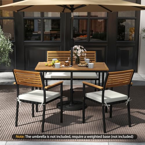 Tangkula 4 Piece Patio Dining Furniture Set, Outdoor Dining Chair Set for 4 w/Acacia Wood & Metal Frame, Umbrella Hole, 1 Table, 2 Armchairs, 1 Bench for Lawn, Garden, Backyard, Porch