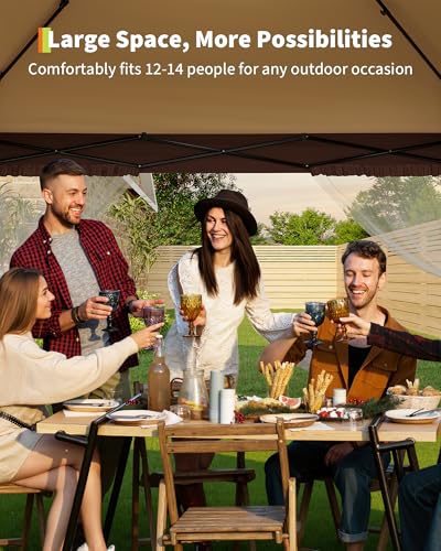 Canopy Tent 13x13 ft, Pop Up Gazebo One-Push Setup with 4 SandBags for Backyard Parties and BBQs, Mosquito Netting & Height Adjustable - Khaki & Coffee