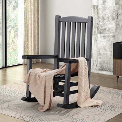 Hupmad Wooden Rocking Chair Outdoor Oversized Porch Rocker Chair,Patio Wooden Rocker with High Back and Armrest,All Weather Rocker Slatted for Backyard,Garden,400 lbs Support,Black