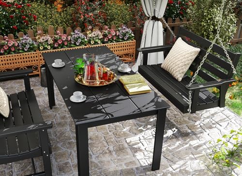 GREENVINES Porch Swing | 51’’ | HDPE Plastic | for Outdoor Patio | All Weather | Waterproof Bench Swings | w/ 4 Stainless Steel Chains | Black