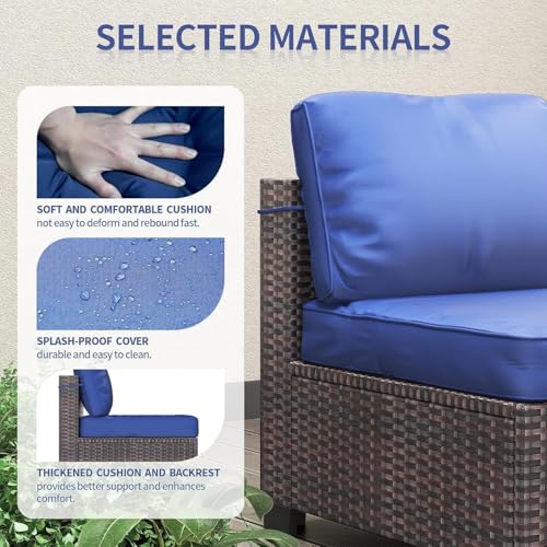 TrailBlaze 7-Piece Outdoor Patio Sectional Sofa Set - All-Weather PE Rattan Wicker Conversation Furniture with Thick Navy Blue Cushions & Glass Top Coffee Table - for Garden, Balcony, Porch - Brown