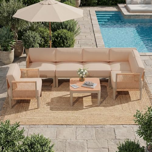EROMMY 7 Pieces Patio Sectional Furniture Set, Aluminum Frame Outdoor Conversation Set with Single seat, 6" Thick Cushions & Coffee Table, All-Weather Sofa for Poolside, Deck & Backyard, Beige