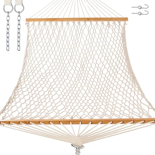 GAFETE Double Hammocks for Outside, Handwoven Traditional Cotton Rope 2 Person Hammock with Hardwood Spreader Bar, Chains & Hooks for Indoor Outdoor, Max 450 lbs Capacity (Natural Beige, Medium)