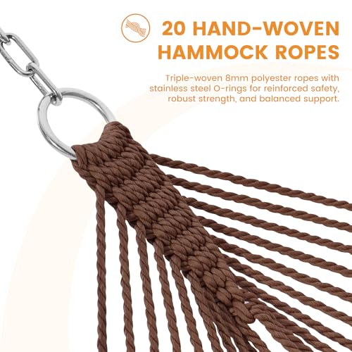 Lazy Daze Hammocks 13 FT Extra Large 2+ Person Caribbean Rope Hammock, Hand Woven Polyester XL Hammock with Spreader Bars, for Outside Outdoor Backyard Patio Poolside, 500 LBS Capacity, Brown