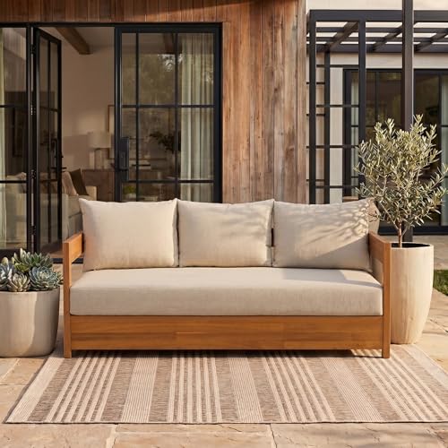 SAFAVIEH Outdoor - Kento 3-Seat Sofa - Natural & Taupe - Solid Wood with Cushion - Modern Slatted Round-Frame Design - Ideal for Patio, Deck, Porch, Backyard, 16" Seat Height (PAT7098A)
