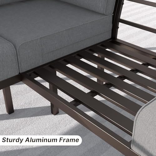 Gotland Aluminum Patio Furniture Set with Rectangular Coffee Table, Metal Patio Furniture with 5 Seats Waterproof 5.1'' Seat Cushions, Outdoor Sectional Patio Conversation Sets for Balcony Grey