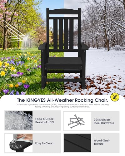 KINGYES Oversized Outdoor Rocking Chair Set of 2, High Density Polyethylene Patio Rocking Chairs with 350lbs Support for Adults,Porch Recliner Rocker, Black