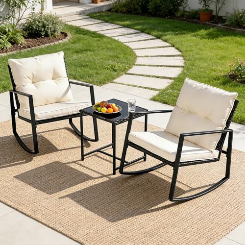 SUNCROWN 3 Piece Outdoor Rocking Bistro Set Black Wicker Furniture Porch Chairs Conversation Sets with Glass Coffee Table, Beige