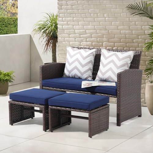 OC Orange-Casual Outdoor Loveseat 3 Piece Patio Furniture Set Outdoor Conversation Set All-Weather Wicker Love Seat with Ottoman/Side Table, Brown Rattan, Blue