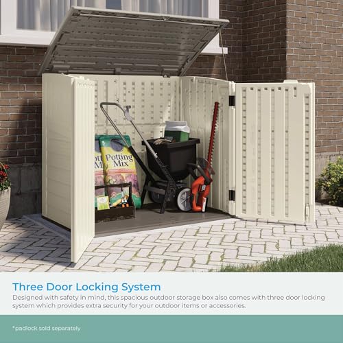 Suncast 34 Cu Ft Horizontal Resin Storage Shed - Outdoor Storage Shed with Floor Included, Lockable, Weatherproof, Fits Small to Medium Trash Cans, Generators, & Garden Tools, Vanilla Stoney