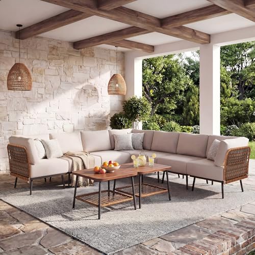 Mugovelo 9-Piece Patio Conversation Sets, Rattan Outdoor 7-Seat Sectional Sofa, Wicker Modular Furniture with 2 Storage Coffee Tables for Backyard, Garden, Porch