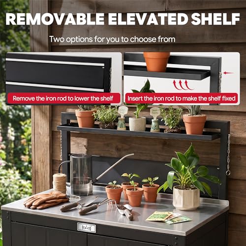 Feasto Outdoor Potting Bench Table with Storage Cabinet, Stainless Steel Garden Workstation, Raised-Edge Top, Adjustable Shelf & Removable Hutch for Patio, Balcony & Outdoor Workspace, Black