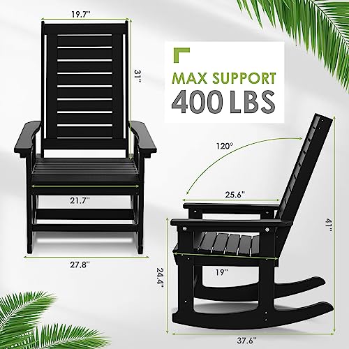GREENVINES Outdoor Rocking Chairs | Set of 2 | Porch Rocker | HDPE Plastic | Black | Oversized Rockers | High Back | Big & Tall | Ladder Back | for Patio Outside Backyard Balcony
