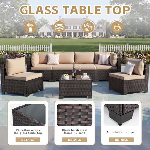 CHABATREE 7pcs Outdoor Patio Furniture Sets,Rattan Conversation Sectional Set,Manual Weaving Wicker Patio Sofa with Tea Table