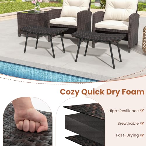 Tangkula Set of 2 Patio Ottomans, Multipurpose Rattan Ottomans w/Padded Quick Dry Foam & Heavy-Duty Metal Legs, Outdoor Wicker Footrest Extra Seating for Poolside, Backyard All Weather Resistant