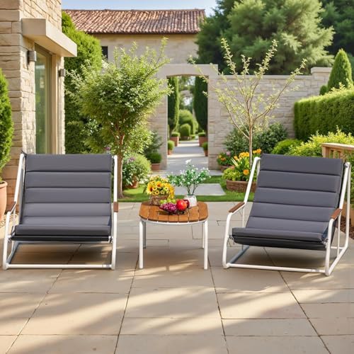 Devoko 3-Piece Patio Furniture Set 2 All-Weather Teslin Chaise Lounge Chairs with Acacia Wood Side Table for Porch, Poolside, Backyard Outdoor Lounge (Grey)