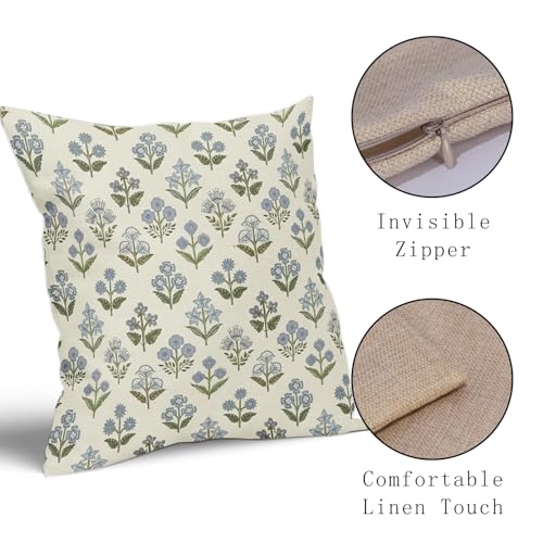 Sivirary Blue Green Block Print Pillow Covers 18x18 Inch Set of 2, Vintage Floral Spring Decorative Throw Pillow Cases Boho Cushion Covers Rustic Decoration Gift Farmhouse Sofa Couch Bed Decor