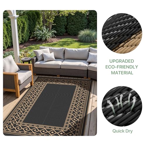 GENIMO Outdoor Rug Waterproof 8'x10' for Patio, Foldable Reversible Plastic Straw Carpet for Travel Trailers, Outside Area Mat for Rv, Deck, Picnic, Porch, Camper, Balcony, Beach, Black & Brown