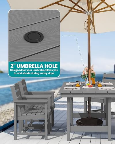 SERWALL Outdoor HDPE Dining Table Set, 7-Piece Outdoor Dining Table Sets with Umbrella Hole Cut-Out Table and 6 Chairs, Gray