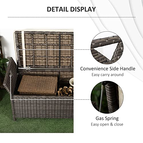 Outsunny 29 Gallon Patio Wicker Storage Bench, Outdoor PE Rattan Furniture, 2-in-1 Large Capacity Rectangle Garden Storage Box with Handles and Cushion, Cream White