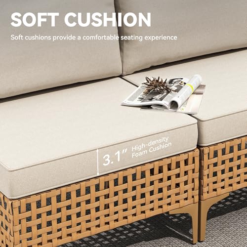 YITAHOME Wicker Patio Furniture Set 3 Pieces Outdoor Sectional Sofa with Solar Light Table Outdoor Couch with Waterproof Cushions All-Weather Rattan Patio Conversation Set for Indoor/Outdoor