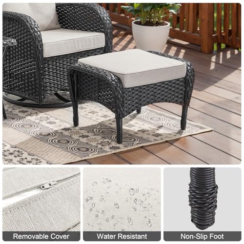 Belord Outdoor Ottomans for Patio Foot Rest - 25 Inch PE Wicker Foot Stool Set of 2 with Removable Cushions for Patio Furniture Sets,All Weather Rattan Ottoman for Balcony Backyard Black/Beige
