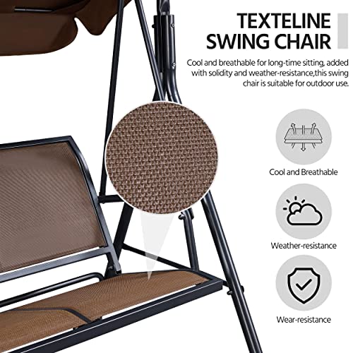 Yaheetech Outdoor Porch Swing Chair for Adults, 3-Seat Patio Hanging Swing w/Adjustable Canopy, Armrests, Porch Swing Sets w/Stand, Breathable Fabric for Backyard/Garden/Balcony, Dark Brown