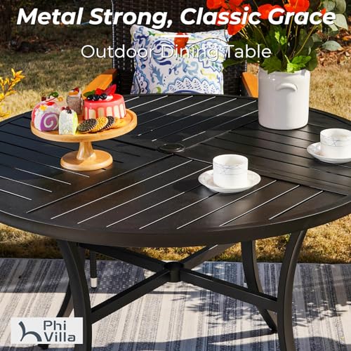 PHI VILLA 5 Pieces Outdoor Dining Set for 4 with Umbrella, 42" Large Round Metal Steel Table & Stackable Iron Chairs with Cushions & 10ft Beige Umbrella, Modern Furniture for Patio, Deck, Yard, Porch