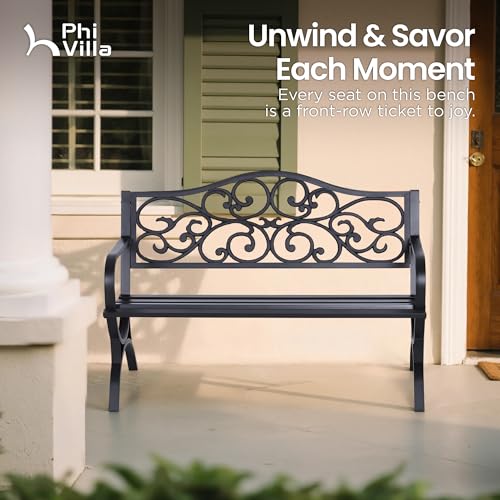 PHI VILLA 50-Inch Cast Iron Steel Frame Garden Bench Outdoor Patio Bench Chair w/Floral Design Backrest, Slatted Seat for Park, Yard & Porch, Black