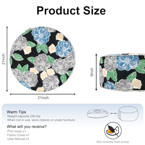 DYTXIII Inflatable Ottoman Stool D21 xH9 for Outdoor/Indoor Use, Water Repellent Patio Foot Rest with Portable Handle,Round Pouf Ottoman Suitable for Garden,Deck and Camping-Peony Garden