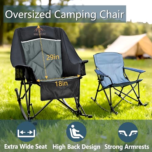 RED CREAT 400lbs Rocking Camping Chair, Oversized Heavy Duty XL Folding Rocker for Adults, Padded High Back Big & Tall Support, with Cup Holders & Carry Bag for RV, Lawn, Patio & Sports