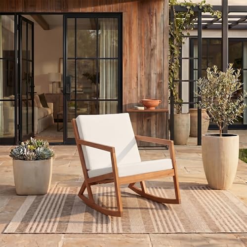 SAFAVIEH Outdoor - Vernon Rocking Chair - Natural & Beige - Solid Wood with Cushion - Shaker-Inspired Slatted Design - Ideal for Patio, Deck, Porch, Backyard, 24.6" Seat Height (PAT7013A)