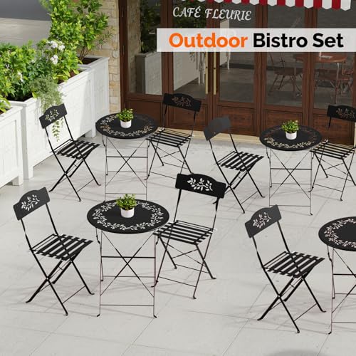 VINGLI Outdoor Folding Bistro Table and Chairs Set of 2, 3-Piece Bistro Set with Olive Leaf Cutout Design and Comfortable Cushions for Patio, Balcony, Garden, Porch, Yard, Black