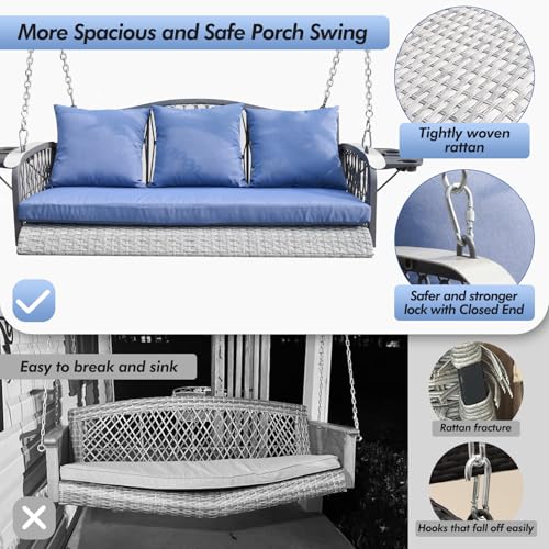 ZZW Wicker Porch Swing Heavy Duty 900 LBS 3-Seat Outdoor Patio Swing Chair with Cushions & 8.9ft Chains Outdoor Hanging Bench with Upgraded Cup Holders for Garden Deck Backyard