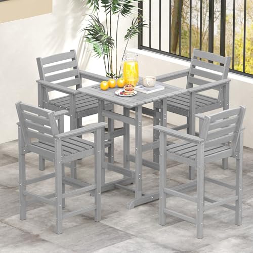 Tangkula Patio Adirondack Chairs Set of 2, HDPE Bar Height Chair with Wide Armrests & Footrest, Outdoor High-Top Slatted Bar Chairs with Backrest for Backyard, Lawn, Poolside (Grey)