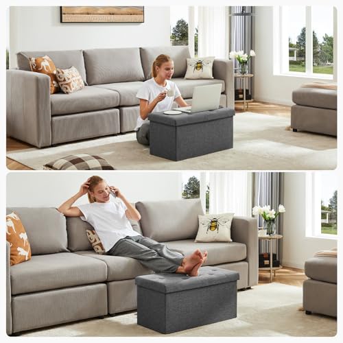 DUMOS 30 Inch Folding Storage Ottoman Bench, Large Hidden Storage Chest withThicker Foam Padded Seat, End of Bed Foot Rest Stool for Bedroom Living Room Entryway, Load 660 lbs, Grey