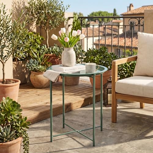 VECELO Side/End Table, Folding Round Metal Anti-Rust and Waterproof Outdoor or Indoor Tray for Living Room Bedroom Balcony and Office, 2 PCS, Dark Green
