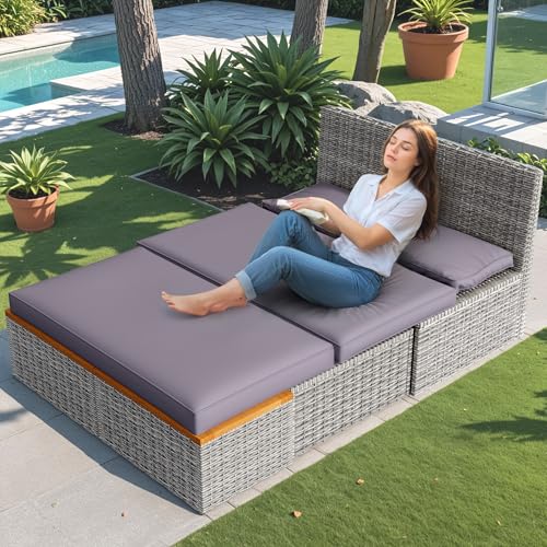 Devoko Patio Day Bed with 2 Side Tables Outdoor Daybed Set MultifunctionalRattan Lounge Bed for Backyard Porch Poolside Lawn Beach (Gray)