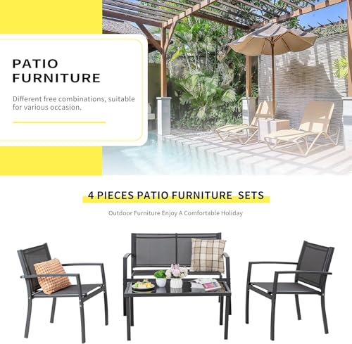 Shintenchi 4 Pieces Patio Furniture Set All Weather Textile Fabric Outdoor Conversation Set, with Glass Coffee Table, Loveseat, 2 Single Chairs for Home, Garden, Lawn, Porch（Gray）
