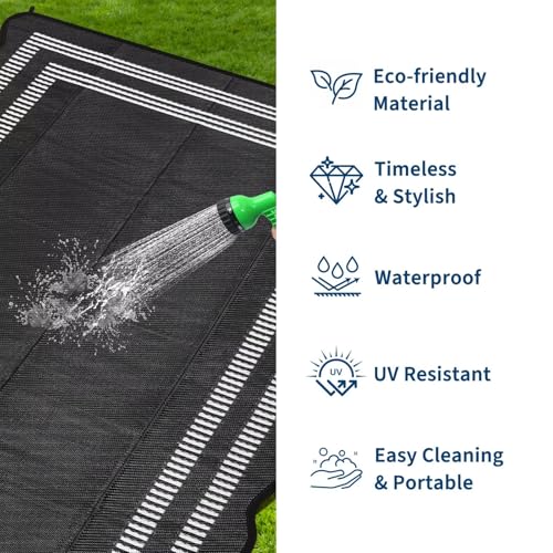 Garvee Waterproof Outdoor Rug 9x12, Scalloped Geometric Foldable Plastic Straw Patio Camping Rug, Outdoor RV Carpet for Deck Camper Porch Balcony Backyard Picnic Beach Black and White