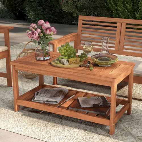 Tangkula Wood Outdoor Coffee Table, 2-Tier Patio Coffee Table with Slatted Hardwood Tabletop & Storage Shelf, Rectangle Wood Table for Deck, Garden, Balcony, Indoor or Outdoor Use (Natural)