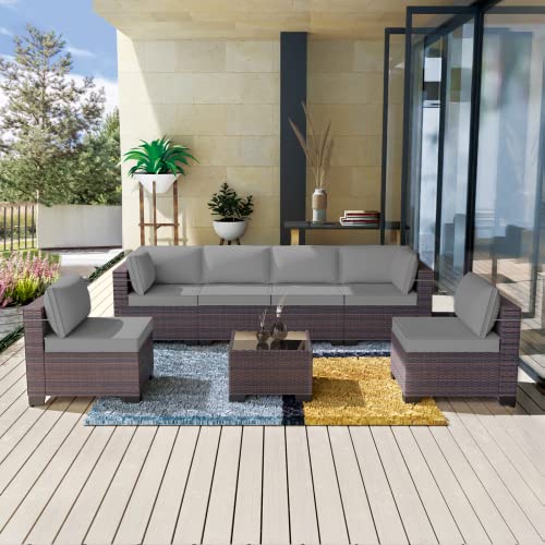 Kullavik 7 Pieces Outdoor Patio Furniture Set,Sectional Rattan Sofa Set Brown PE Rattan Wicker Patio Conversation Set with Tempered Glass Coffee Table and Washable Cushions Covers,Grey