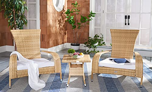 SAFAVIEH Outdoor - Edna 3-Piece Lounge Set - Natural & White - Steel Frame & Faux Rattan with Cushion - Wingback Tropical French Design - Ideal for Patio, Deck, Porch, Backyard (PAT7719D)