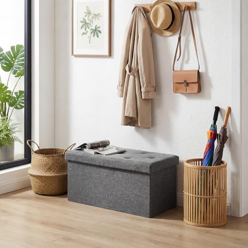 DUMOS 30 Inch Folding Storage Ottoman Bench, Large Hidden Storage Chest withThicker Foam Padded Seat, End of Bed Foot Rest Stool for Bedroom Living Room Entryway, Load 660 lbs, Grey